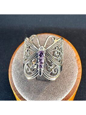 VTG Solid Sterling Silver 925 Amethyst Filigree Butterfly Ring Size 8.75